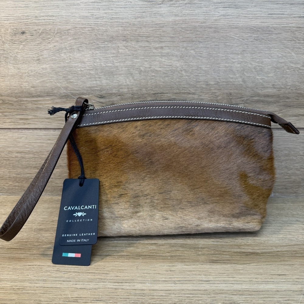 Cavalcanti Italian Leather Calfhair Cowhide Large Zip Pouch Wristlet Clutch NWT